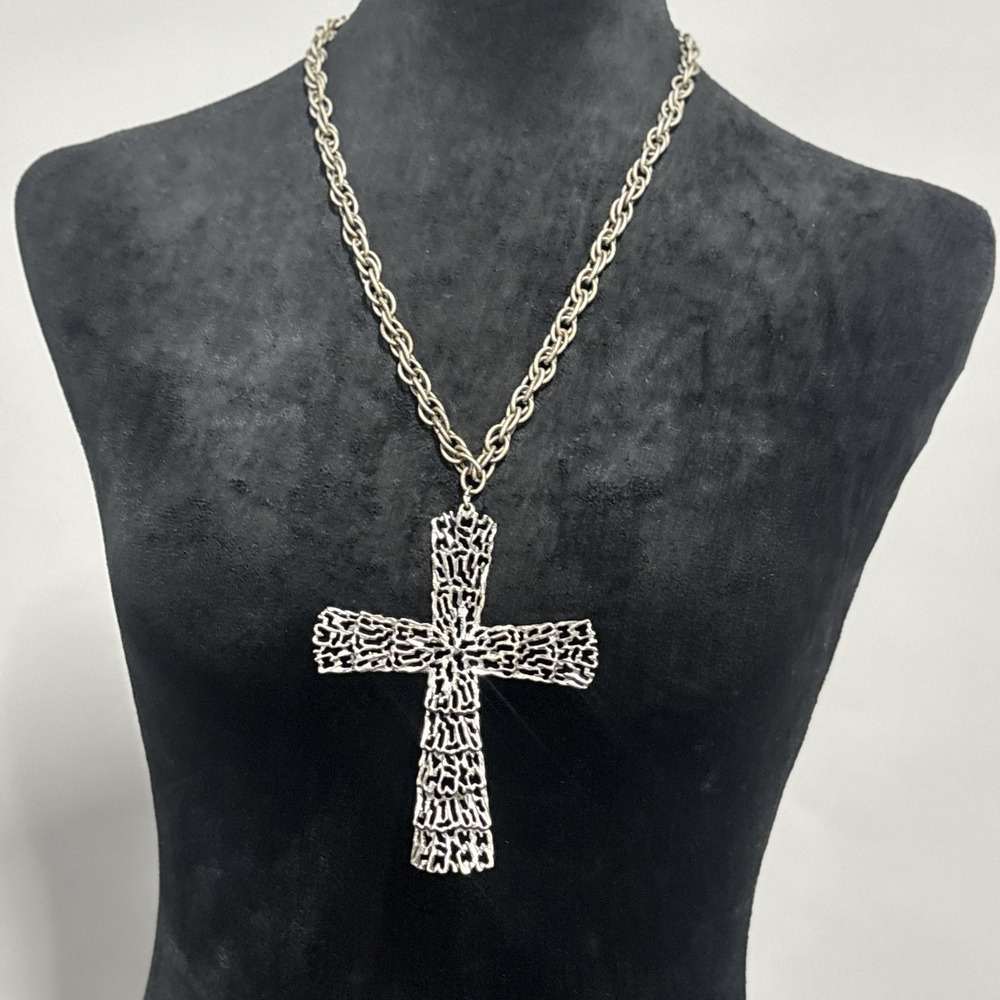 VTG Tortolani Cross Necklace Silver Tone Large Vintage Brutalist‎ Statement